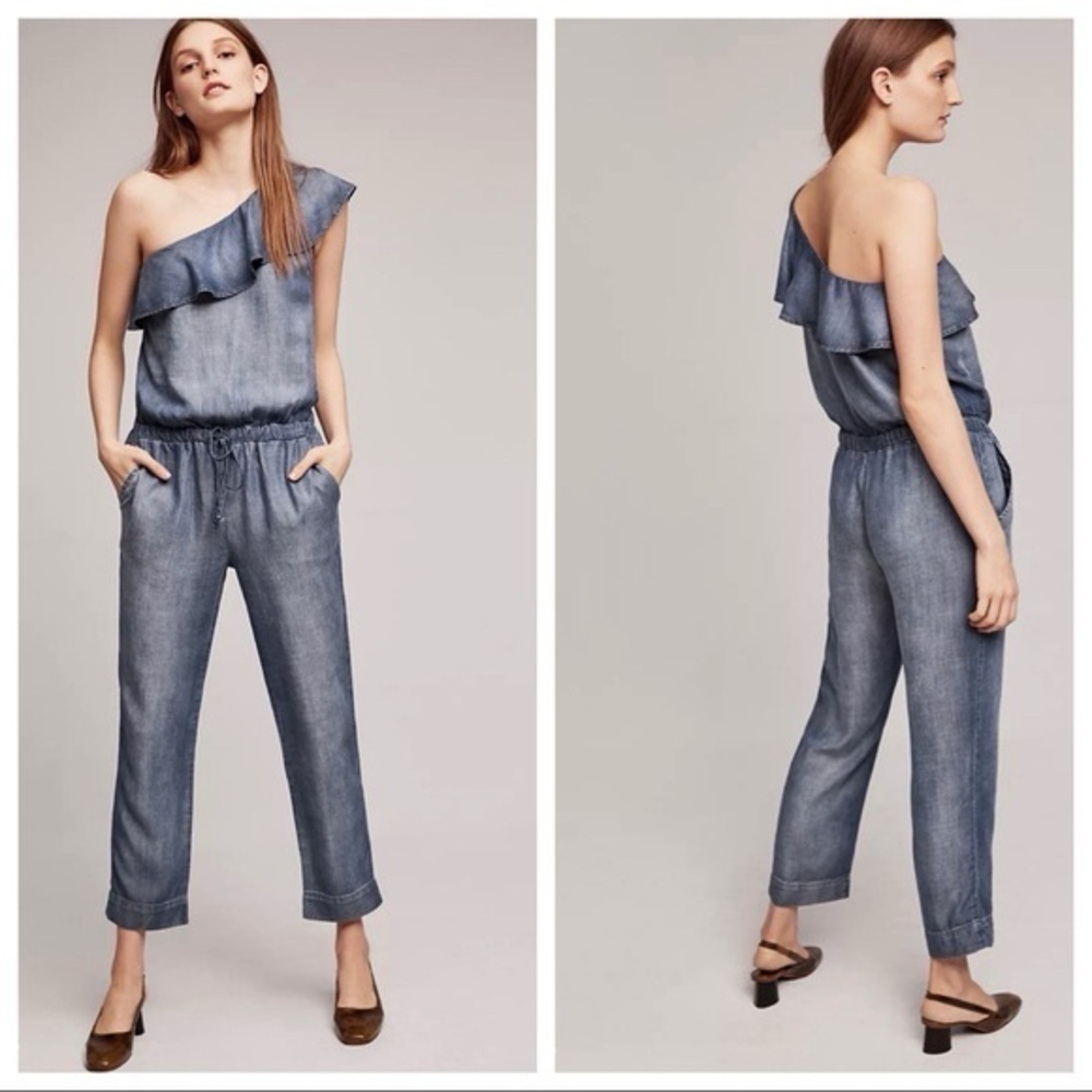 Anthropologie Miami Ruffled One Shoulder Jumpsuit Shaded Chambray Size Medium